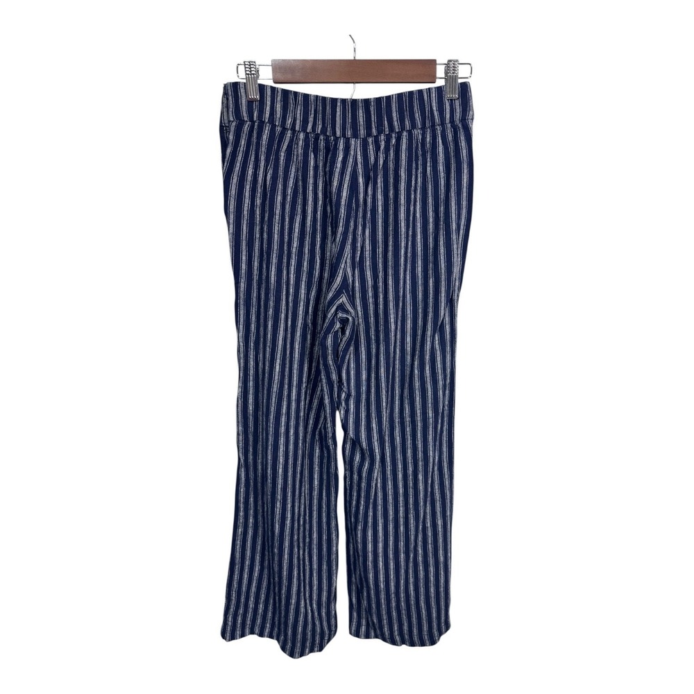 Gap Navy Blue Linen Blend Wide Leg Striped Side Button‎ Coastal Pants Size 4R - Picture 2 of 8